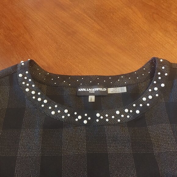 Karl Lagerfeld Paris Black & Grey Plaid top with Pearl Detailing - Picture 11 of 16